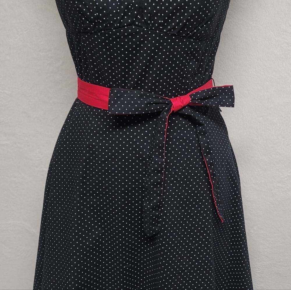 90s Vintage Ruby Rox Black Red Polka-dot Tie-Waist Tulle Fit & Flare Midi Dress - Picture 6 of 14